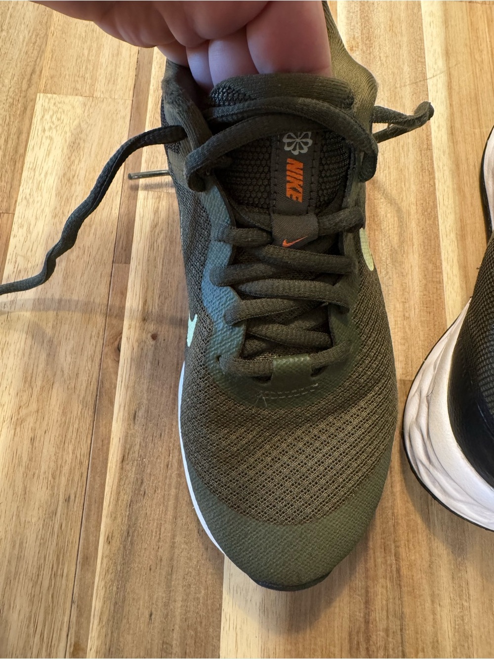 Nike Kids Olive Green Sneakers with Pale Lime Swoosh- size 4Y - Picture 2 of 5